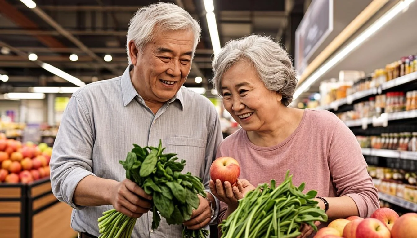 Senior couple grocery shopping together with fresh vegetables