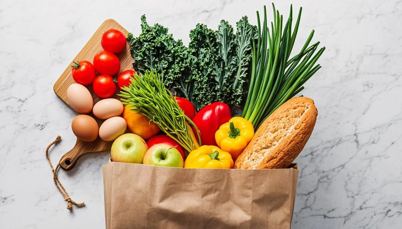 Brown paper grocery bag with fresh produce and bread on a marble countertop