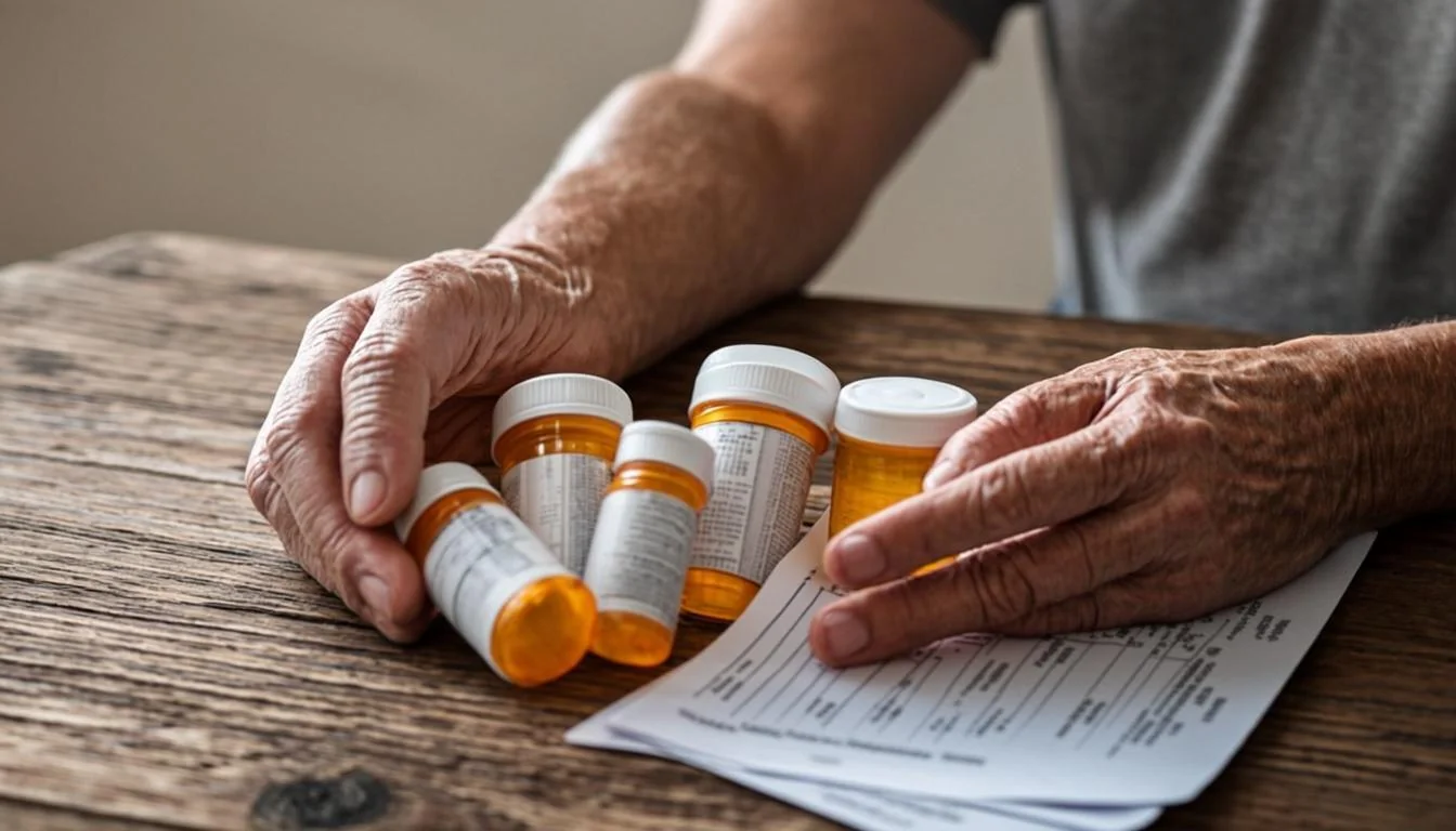 Senior hands holding prescription bottles and medical bills on a kitchen table